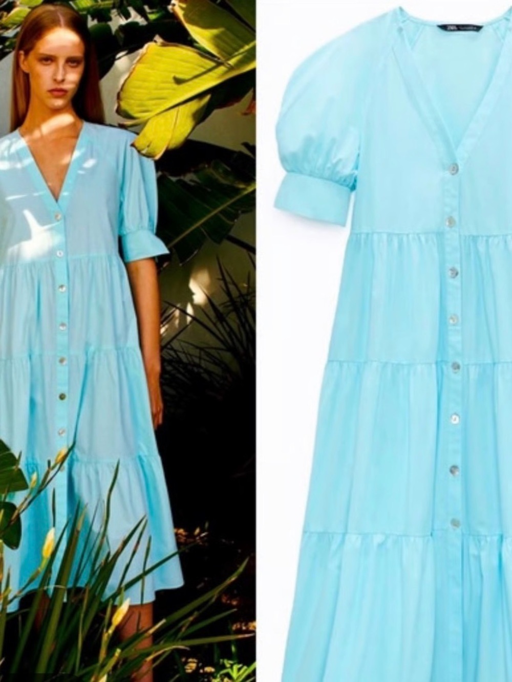 Zara Light Blue Tiered Mother of Pearl Button-Front Midi Dress